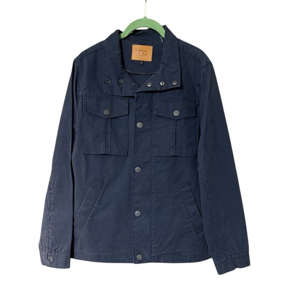 UGG Mens Cohen Waxed Cotton Zip and Button Front Jacket Navy Blue Size Small NEW - Picture 1 of 12